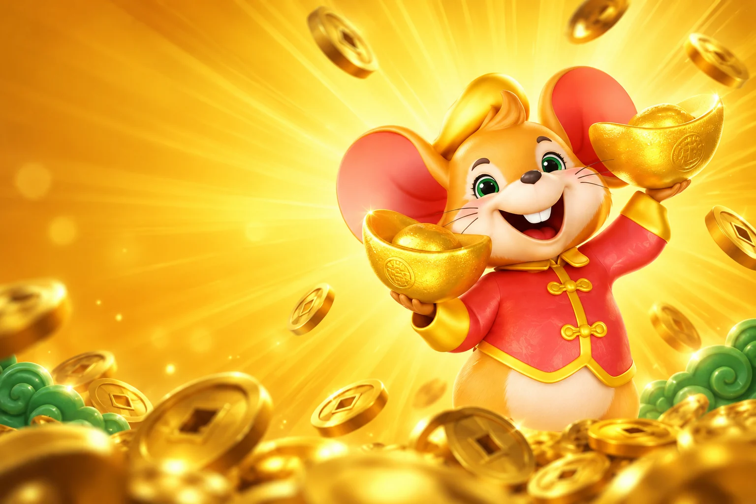 Ilustração do ratinho de Fortune Mouse com topete e lingotes